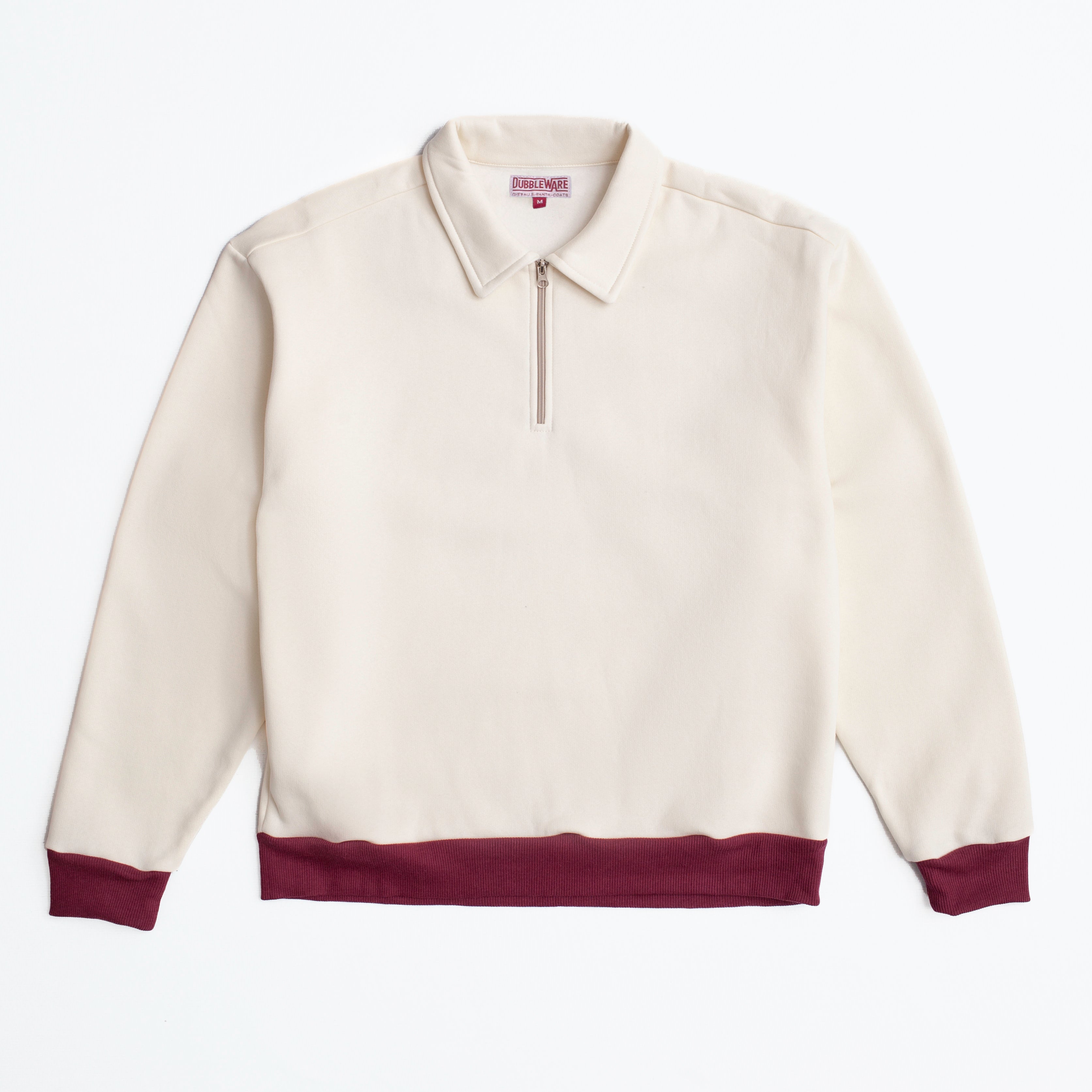 CONTRAST QUARTER ZIP SWEATER - ECRU / BURGUNDY