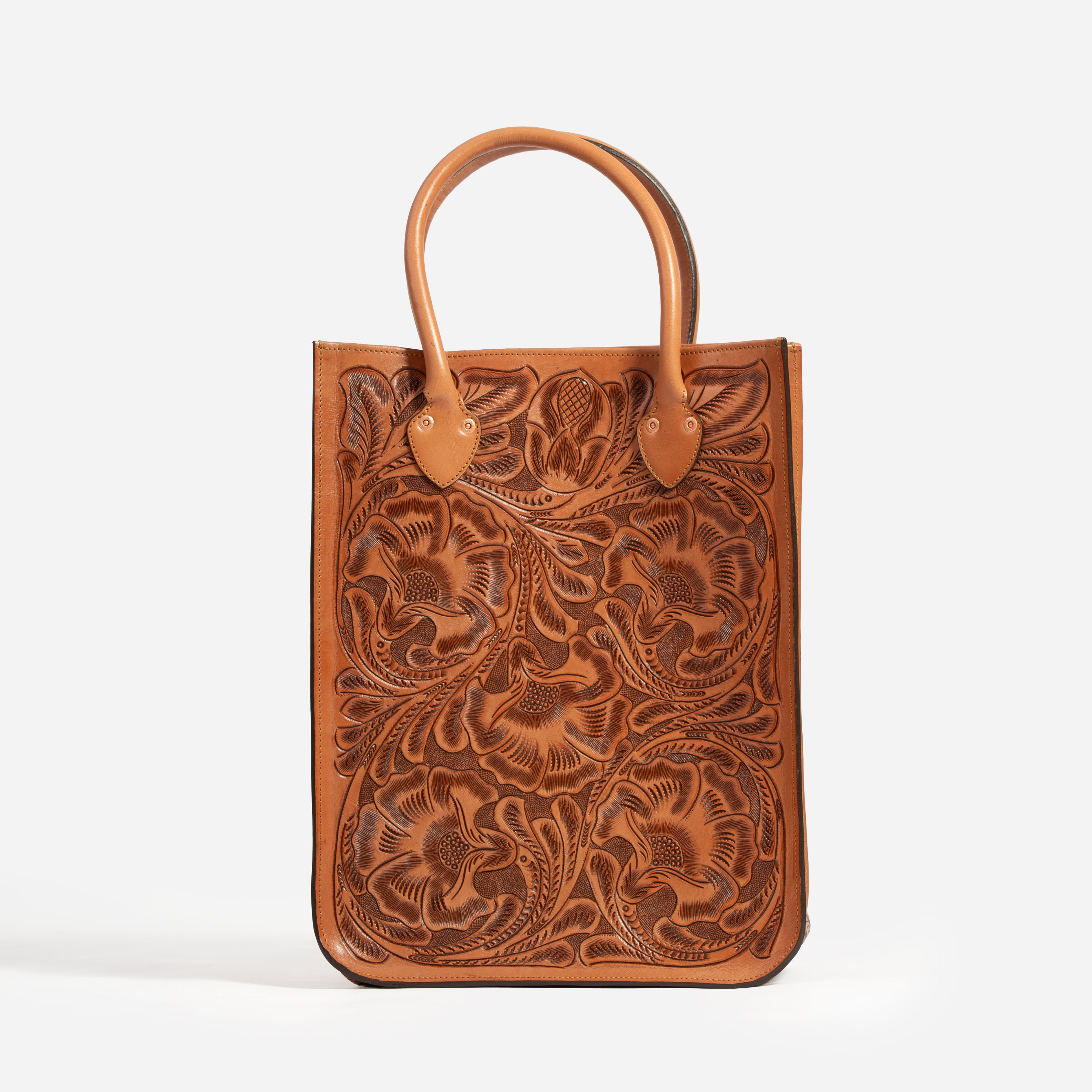 TOOLED LEATHER TOTE BAG - COGNAC