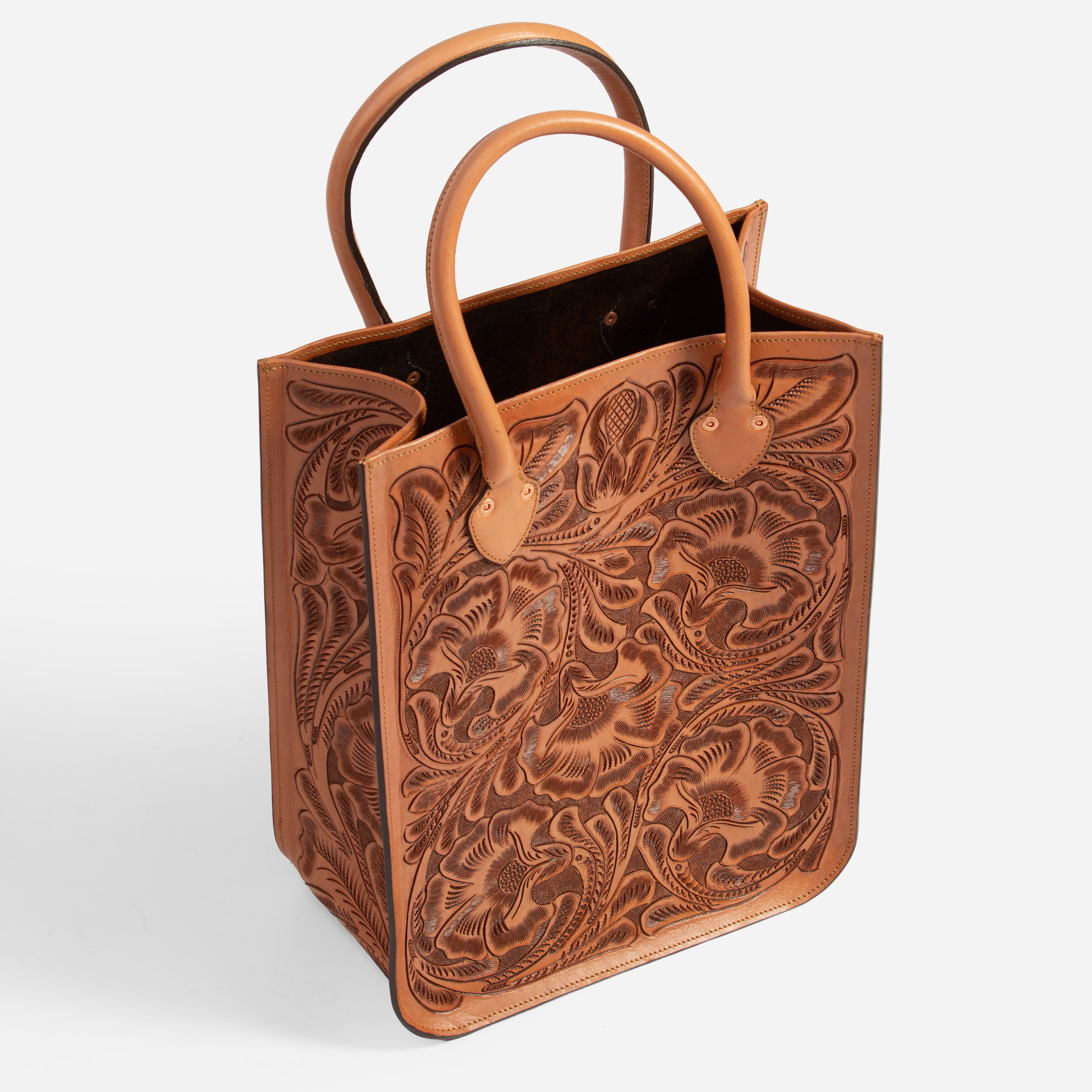 TOOLED LEATHER TOTE BAG - COGNAC