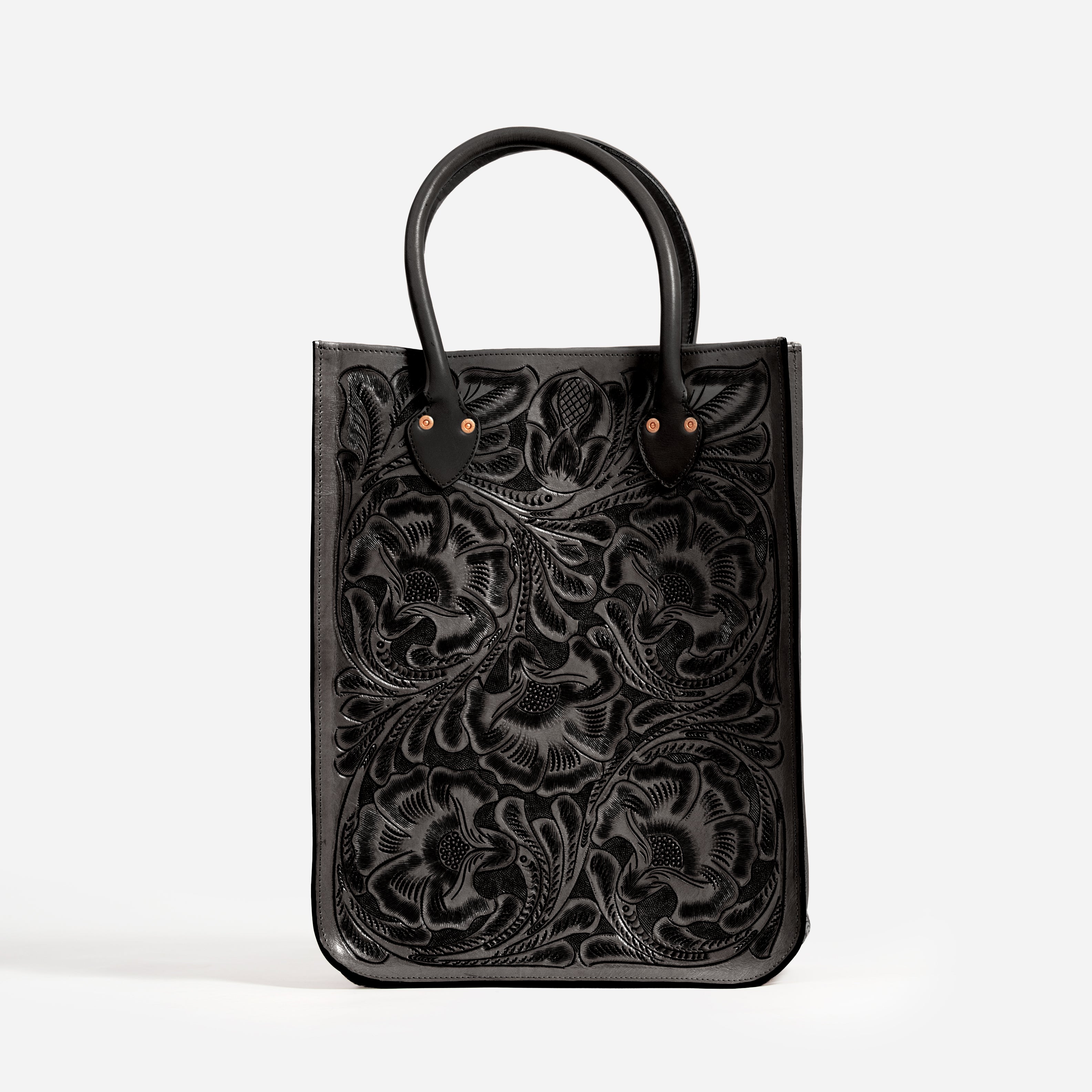 TOOLED LEATHER TOTE BAG - BLACK