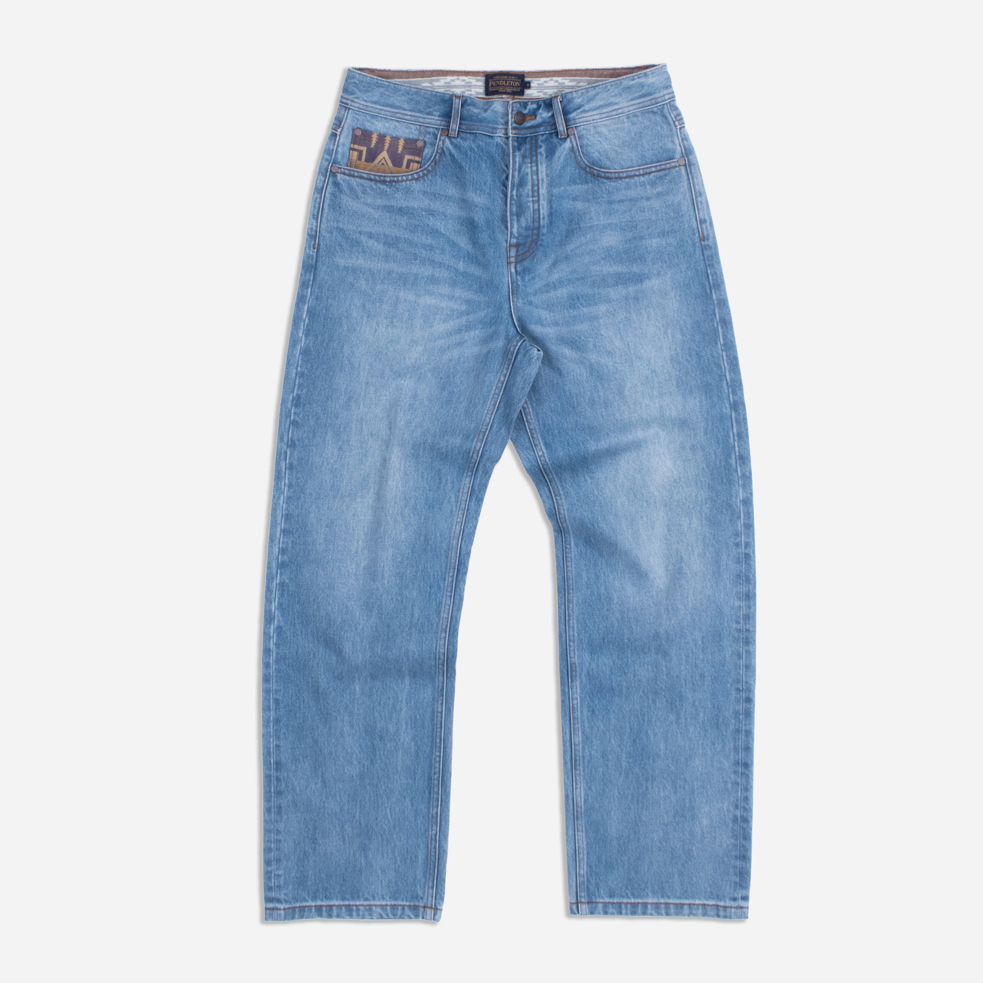 PATCHWORK SELVEDGE STRAIGHT LEG DENIM JEANS - BLUE