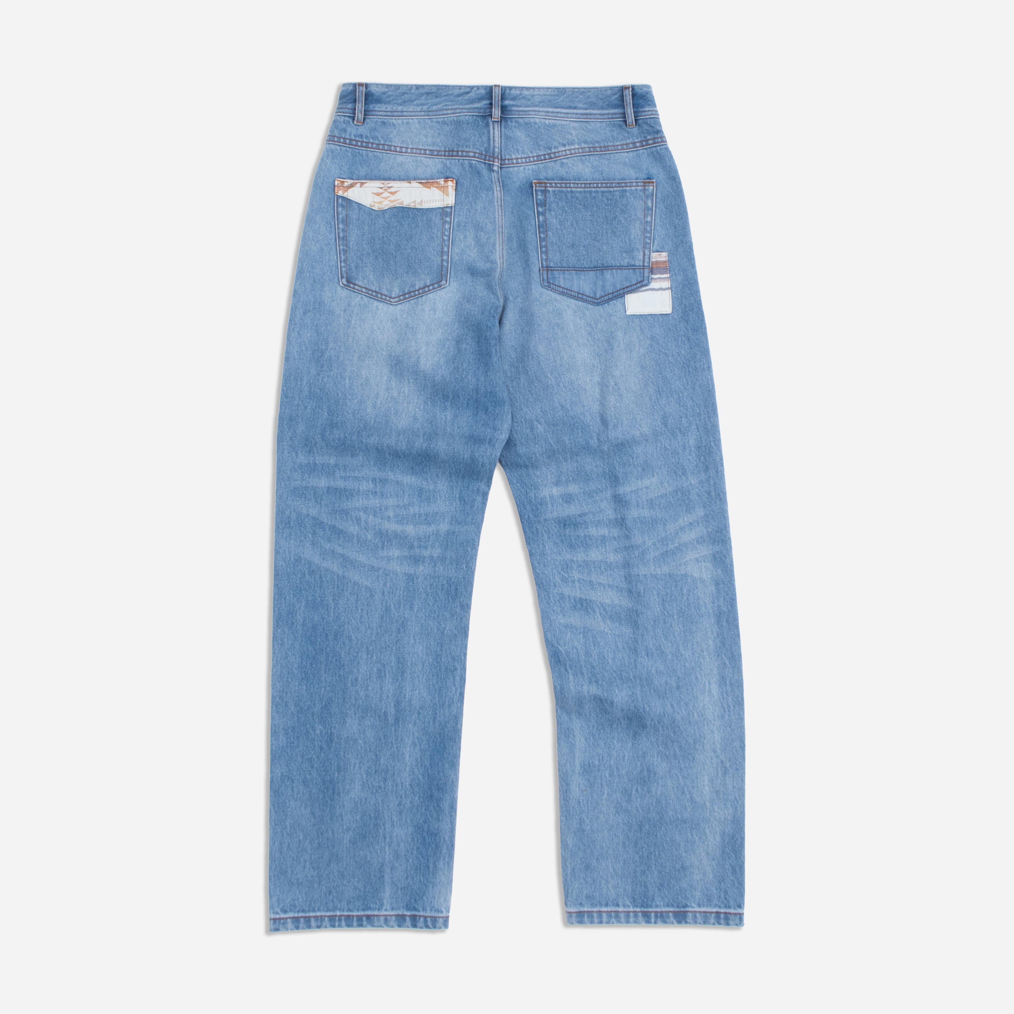 PATCHWORK SELVEDGE STRAIGHT LEG DENIM JEANS - BLUE