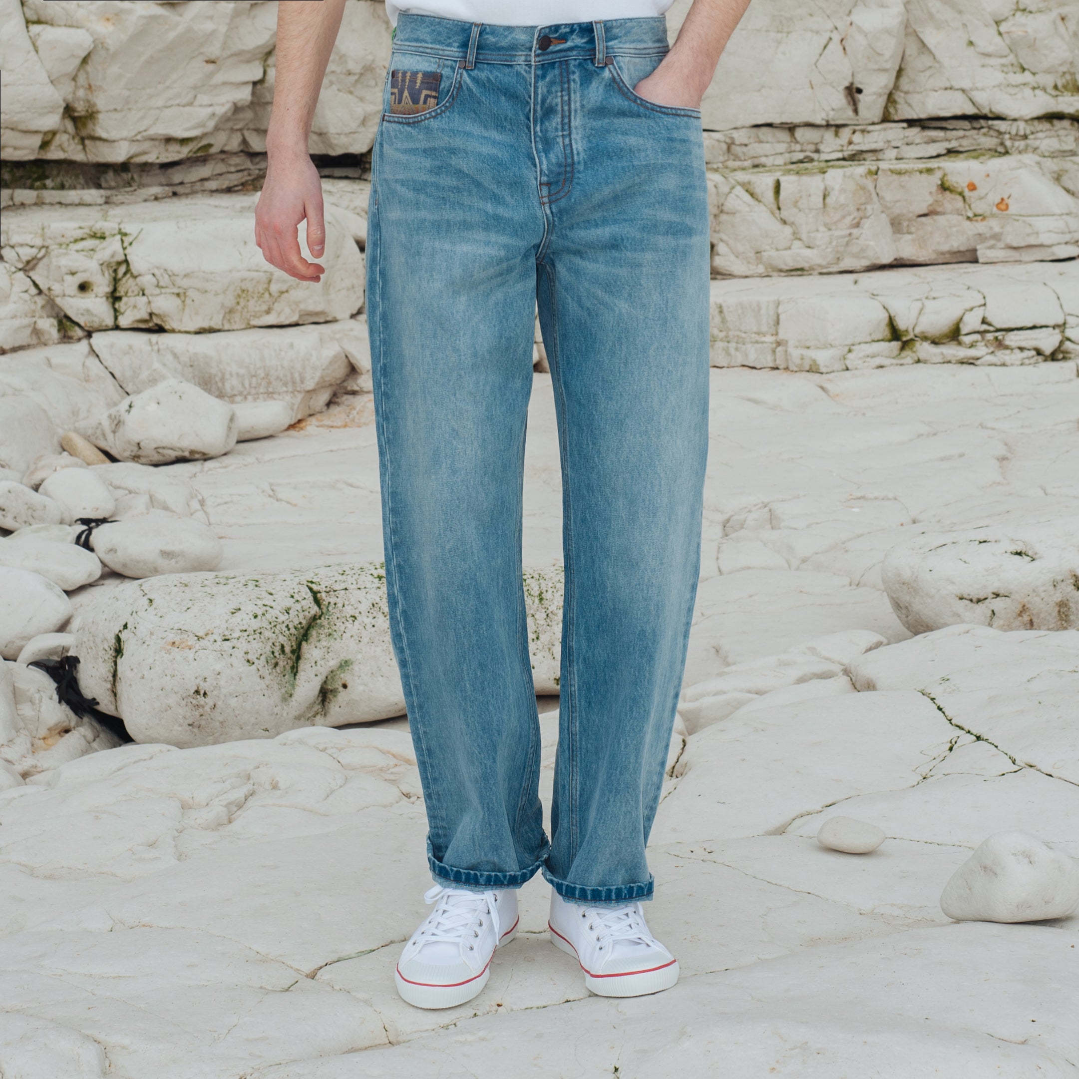 PATCHWORK SELVEDGE STRAIGHT LEG DENIM JEANS - BLUE